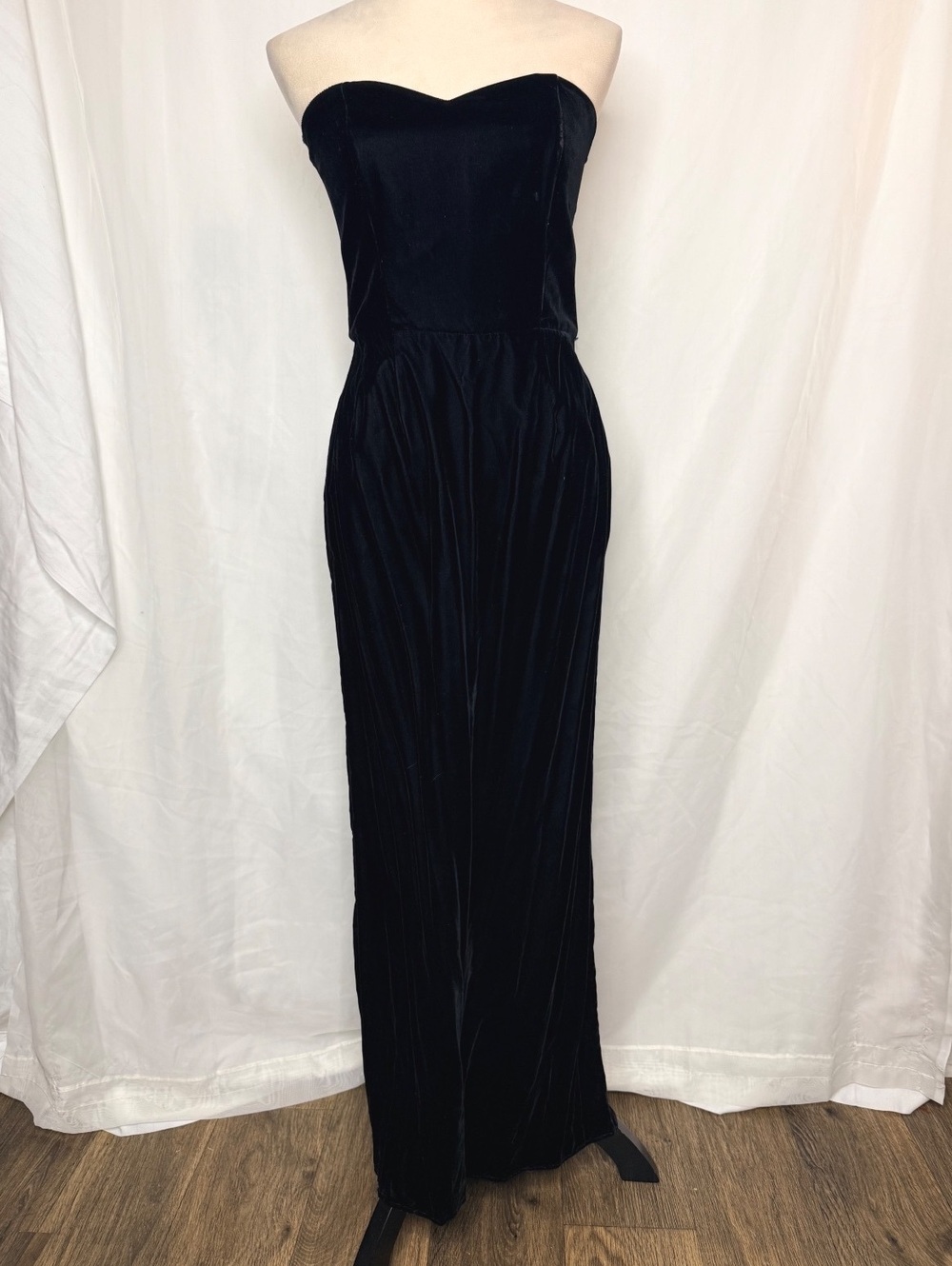Vintage 1980s Pantagis Black Velvet Maxi Strapless Gown
